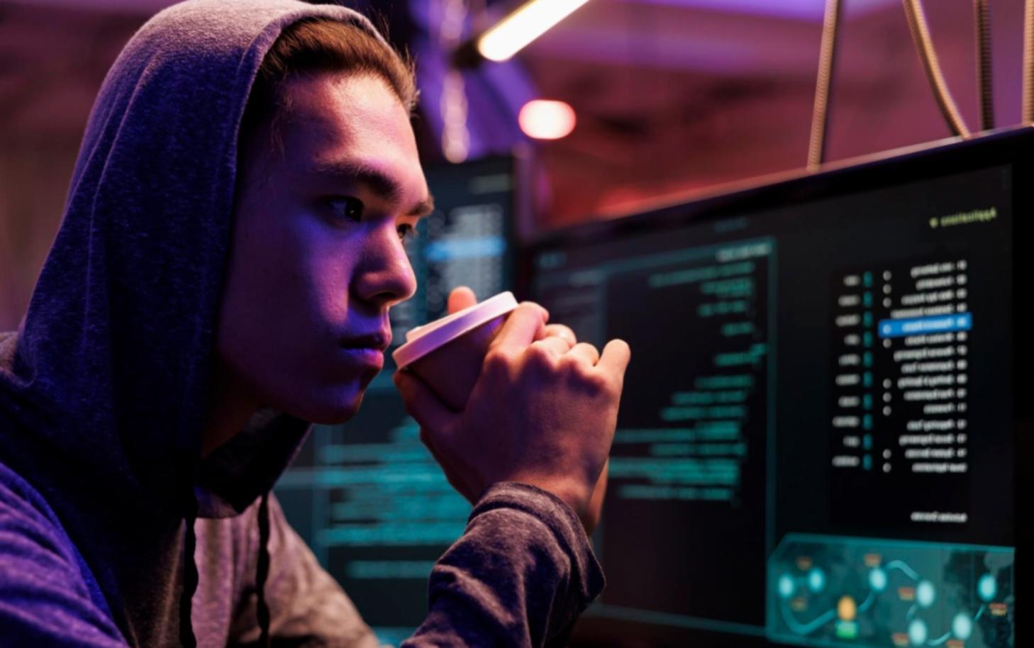 Modern blockchain development workspace with multiple monitors showing code and network diagrams